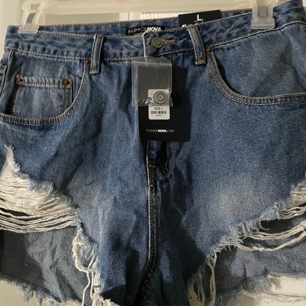 Fashion Nova distressed shorts, blue, size L